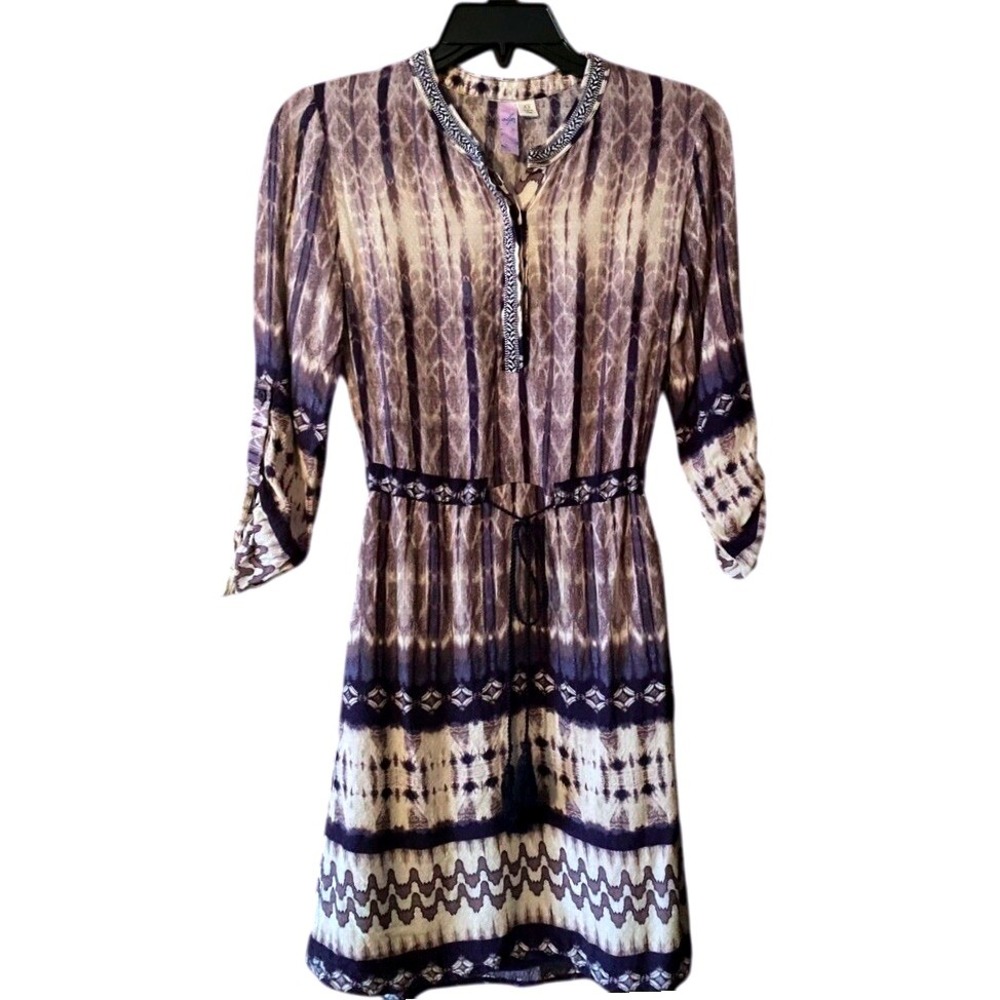 Alya Boho Tie Dye Midi Dress Navy Blue Geometric Pattern Button Front XS‎